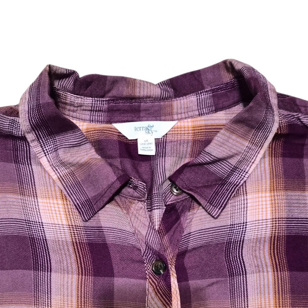 Terra & Sky Women's Plus Button Down Shirt Plaid Long Sleeve Size 1X, 2X Purple - Picture 7 of 12